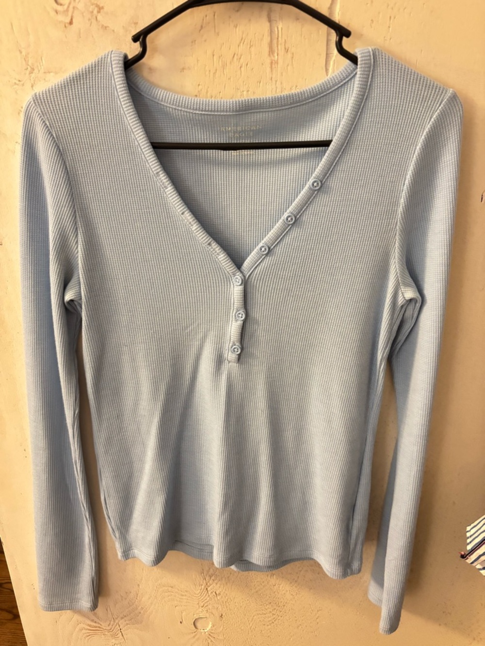 American Eagle Outfitters Light Blue Ribbed Henley Long Sleeve
